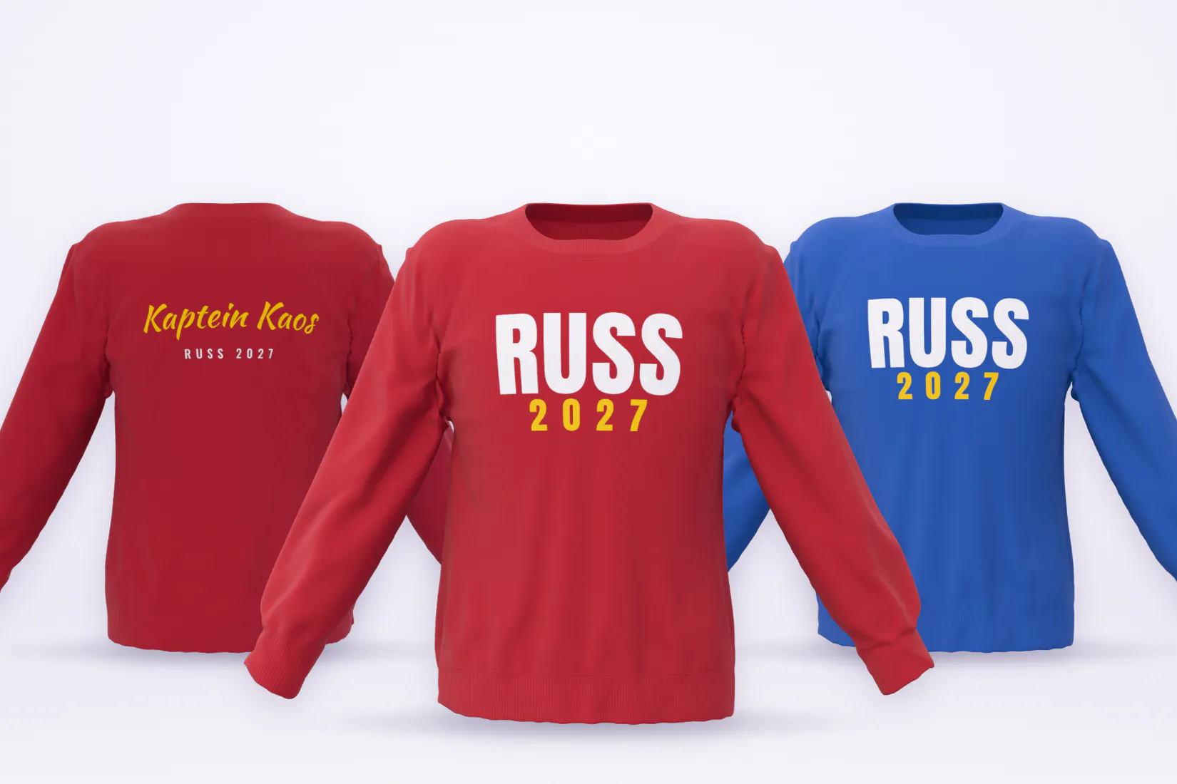 Røde og blå russegensere med RUSS 2027 foran og kallenavnet Kaptein Kaos på ryggen